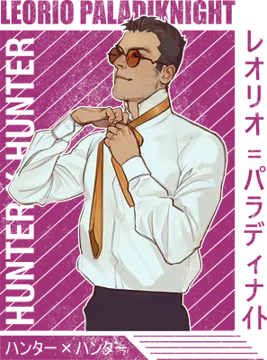 Hình vẽ Leorio Paladiknight từ Hunter x Hunter đang chỉnh cà vạt, mặc áo sơ mi trắng và kính râm.