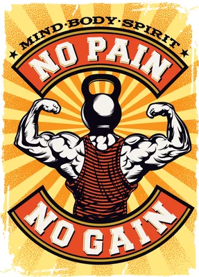 Hình ảnh minh họa người tập gym với cơ bắp cuồn cuộn, cầm tạ ấm, kèm thông điệp "No Pain No Gain" và "Mind Body Spirit".
