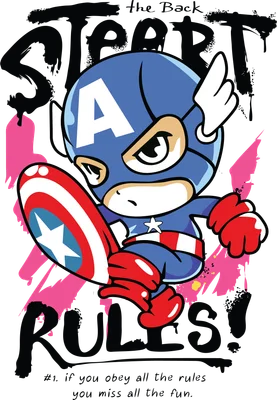 Hình ảnh Captain America phiên bản chibi, đang trong tư thế chiến đấu với khiên, nền xám có chữ 'RULES!'