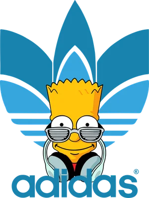 Hình ảnh Bart Simpson đeo kính râm phong cách, đứng trước logo Adidas màu xanh