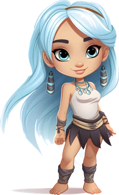Hình ảnh cô gái hoạt hình chibi tóc xanh dương dài, mắt to tròn, trang phục thổ dân và trang sức, đang mỉm cười thân thiện.