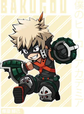Hình vẽ chibi nhân vật Bakugo trong trang phục anh hùng, tư thế chiến đấu, tay cầm thiết bị nổ.