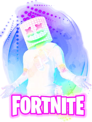 Nhân vật Marshmello với mặt nạ phát sáng và logo Fortnite phong cách neon