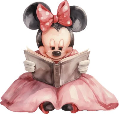 Hình ảnh Minnie Mouse hoạt hình đáng yêu đang ngồi đọc sách, vẽ theo phong cách màu nước.