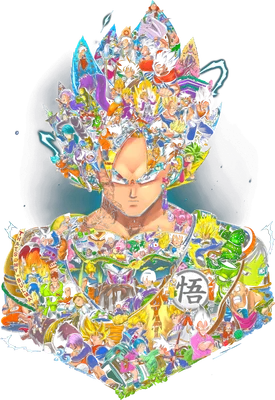 Hình ảnh Goku với mái tóc chứa nhiều nhân vật Dragon Ball, thân hình cũng là tập hợp các nhân vật khác.