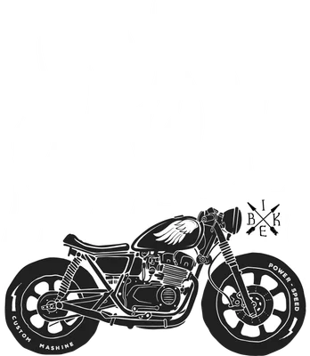 Hình minh họa xe mô tô độ cafe racer màu đen trắng với ngọn lửa bùng cháy phía sau, có chữ CUSTOM MASHINE, POWER - SPEED và BIKE.