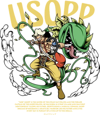 Hình ảnh Usopp, nhân vật One Piece, đang ngắm bắn với cây ăn thịt khổng lồ bao quanh, phong cách anime.