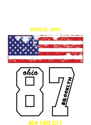 Thiết kế đồ họa phong cách vintage với chữ NYORK, cờ Mỹ cũ, số 87, chữ Ohio và Brooklyn trên nền xám.