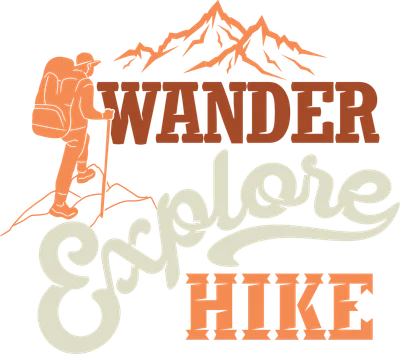 Hình ảnh người leo núi với ba lô, gậy leo núi, trên nền núi và chữ 'Wander Explore Hike'