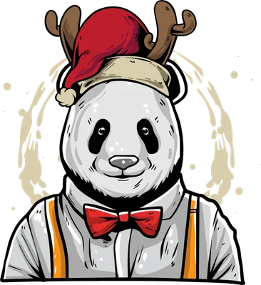 Hình vẽ gấu trúc đội mũ ông già Noel và sừng tuần lộc, mặc áo sơ mi trắng, nơ đỏ và dây đeo quần màu cam.