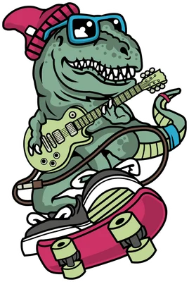 Hình vẽ hoạt hình khủng long T-Rex đeo kính râm, đội mũ len, chơi đàn guitar điện và trượt ván
