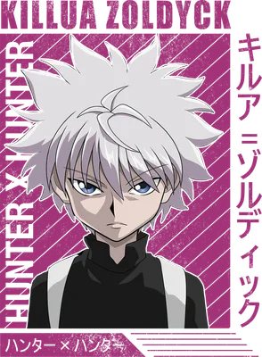 Hình vẽ nhân vật Killua Zoldyck từ anime Hunter x Hunter, tóc trắng, mắt xanh, mặc áo đen.