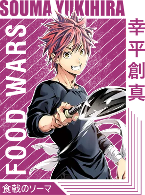 Nhân vật anime Soma Yukihira từ Food Wars, tóc hồng, cầm chảo, cười tươi.