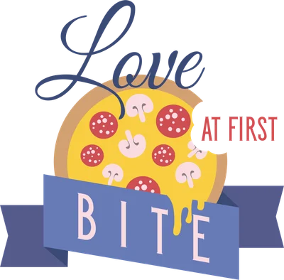 Hình ảnh minh họa pizza với dòng chữ "Love at First Bite" và dải băng màu xanh