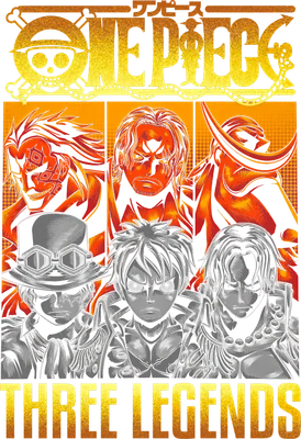 Hình ảnh nhóm "Three Legends" từ One Piece gồm Luffy, Ace và Sabo, với logo One Piece và hiệu ứng vàng.