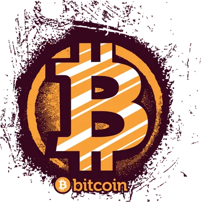 Biểu tượng Bitcoin màu cam và trắng với hiệu ứng grunge trên nền xám, có chữ 'bitcoin' ở dưới.