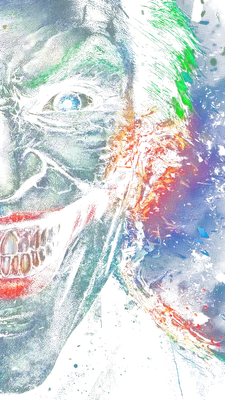 Hình ảnh chân dung Joker với nụ cười man rợ, phong cách trừu tượng, màu sắc ám ảnh.