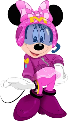 Hình ảnh Minnie Mouse hoạt hình mặc trang phục đua xe màu hồng tím, đội mũ bảo hiểm và kính, mỉm cười.
