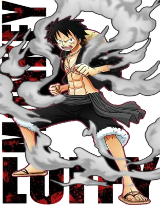 Hình ảnh Monkey D. Luffy trong One Piece, tư thế chiến đấu với cơ bắp cuồn cuộn và làn khói bao quanh.