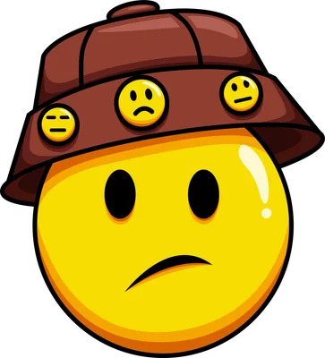 Hình ảnh biểu cảm emoji màu vàng đội mũ lưỡi trai màu nâu, biểu cảm buồn.