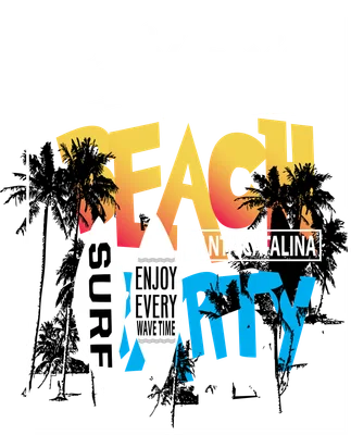 Thiết kế đồ họa chủ đề California Venice Beach với cây dừa và ván lướt sóng