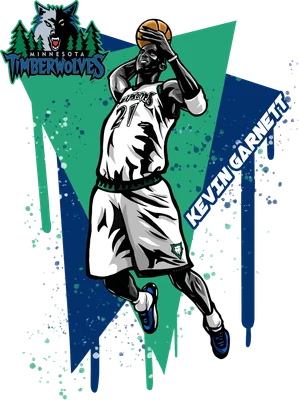 Hình vẽ hoạt hình cầu thủ bóng rổ Kevin Garnett của Minnesota Timberwolves đang ném bóng.
