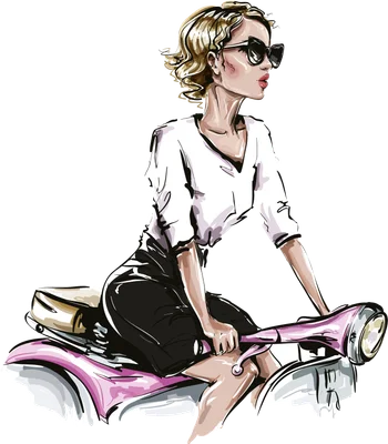 Hình vẽ minh họa cô gái tóc vàng, đeo kính râm, mặc áo sơ mi trắng và váy đen, ngồi trên xe Vespa màu hồng.