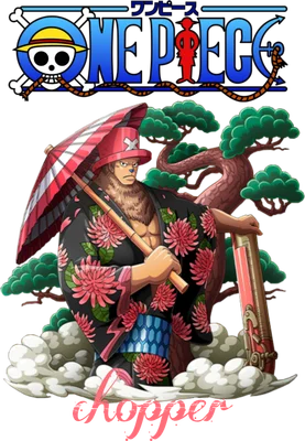 Nhân vật Chopper trong One Piece mặc kimono hoa văn đỏ, đội mũ đỏ, cầm ô, đứng cạnh cây bonsai.