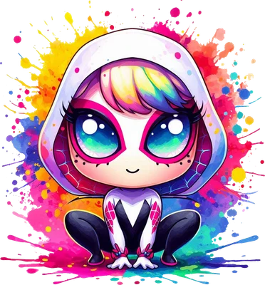Hình ảnh chibi Spider-Gwen dễ thương với trang phục trắng hồng, mắt to tròn và nền màu nước sặc sỡ.