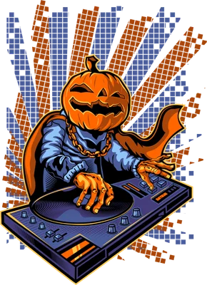 Hình minh họa DJ đầu bí ngô đang chơi nhạc trên bàn DJ phong cách hoạt hình hip hop