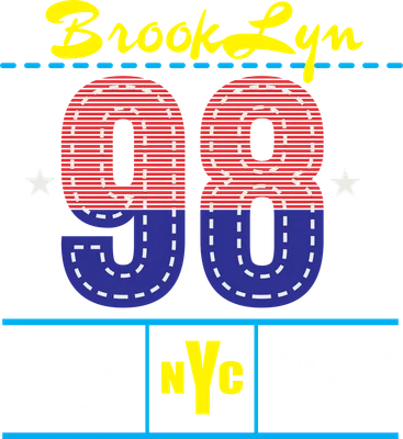 Hình in chuyển nhiệt với chữ Brooklyn, số 98, và dòng chữ sub NYC Way trên nền xám.