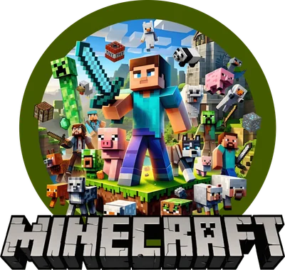 Hình ảnh nhân vật Steve và các sinh vật Minecraft như Creeper, lợn, cừu, sói, gấu trúc, cùng các khối vật phẩm, trong một khung cảnh thế giới mở.