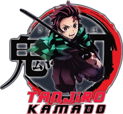Hình ảnh Tanjiro Kamado từ anime Demon Slayer, đang cầm kiếm, với biểu tượng quỷ và chữ Nhật.