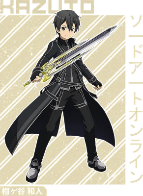 Nhân vật Kirito từ Sword Art Online cầm kiếm, mặc áo khoác đen dài, phong cách anime.