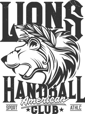 Hình in đầu sư tử gầm gừ trắng đen với chữ LIONS HANDBALL American CLUB phong cách grunge trên nền xám. Thiết kế thể thao mạnh mẽ.