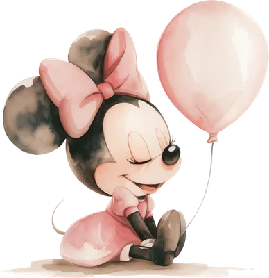 Hình vẽ Minnie Mouse hoạt hình dễ thương ngồi, mắt nhắm, mỉm cười, mặc váy hồng và cầm bóng bay màu hồng nhạt, phong cách màu nước.