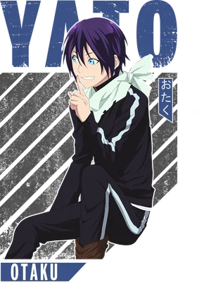 Hình vẽ anime Yato từ Noragami, tóc tím, mắt xanh, mặc đồ đen, đang ra hiệu im lặng.