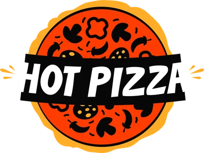 Logo Hot Pizza với hình ảnh chiếc bánh pizza hoạt hình màu cam, có chữ 'HOT PIZZA' màu trắng trên nền đen.