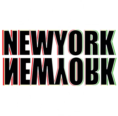 Hình ảnh chữ NEWYORK lặp lại với hiệu ứng sóng nước và glitch màu đỏ xanh trên nền xám, tạo phong cách typography hiện đại.