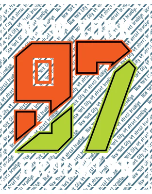 Thiết kế logo "97" màu cam và xanh lá, kèm chữ "NEW YORK" và "BROOKLYN" trên nền xám họa tiết.