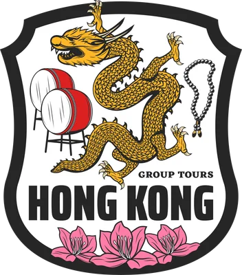 Huy hiệu du lịch Hong Kong với hình rồng vàng, trống, hoa và chữ Hong Kong Group Tours