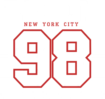 Thiết kế BRKLYN 98 New York City với các ngôi sao trắng và viền đỏ trên nền xám, phong cách thể thao.