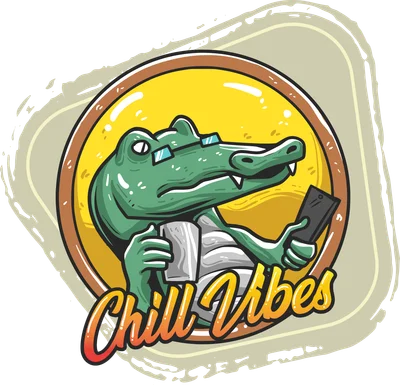 Hình minh họa cá sấu đeo kính đang thư giãn cầm điện thoại với dòng chữ Chill Vibes
