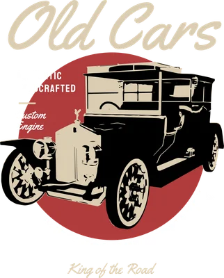 Hình in xe hơi cổ điển màu đen và kem với chữ 'Old Cars' trên nền xám và vòng tròn đỏ, phong cách vintage.
