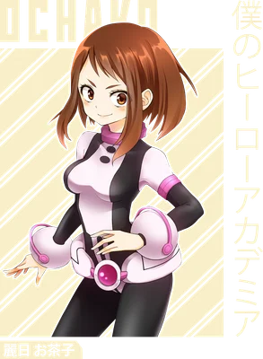 Ochako Uraraka, nhân vật anime nữ tóc nâu, mặc đồng phục anh hùng màu hồng và đen, mỉm cười.