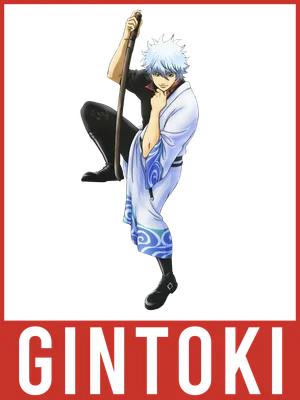 Hình ảnh nhân vật Gintoki trong anime, tóc bạc, mặc kimono trắng xanh, cầm gậy, trên nền xám.