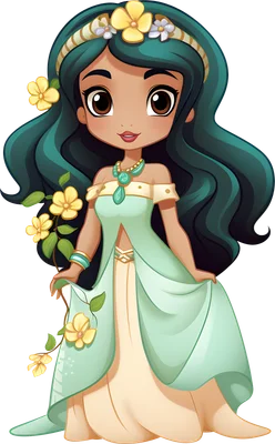 Hình ảnh công chúa Jasmine phiên bản chibi với tóc xanh ngọc, váy xanh lá và hoa vàng, trên nền xám.