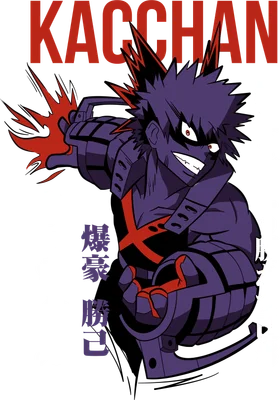 Hình minh họa nhân vật anime Bakugo Katsuki với mái tóc nhọn, trang phục màu tím và đỏ, đang tung ra đòn tấn công.