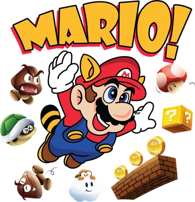 Hình ảnh Mario nhảy múa cùng Goomba, Koopa Troopa, nấm, đồng xu và khối gạch trong game.
