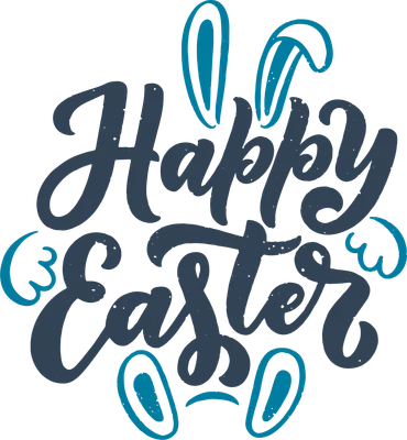 Hình in chữ Happy Easter màu xanh đậm và xanh ngọc, trang trí tai thỏ và chân thỏ, phong cách vintage.